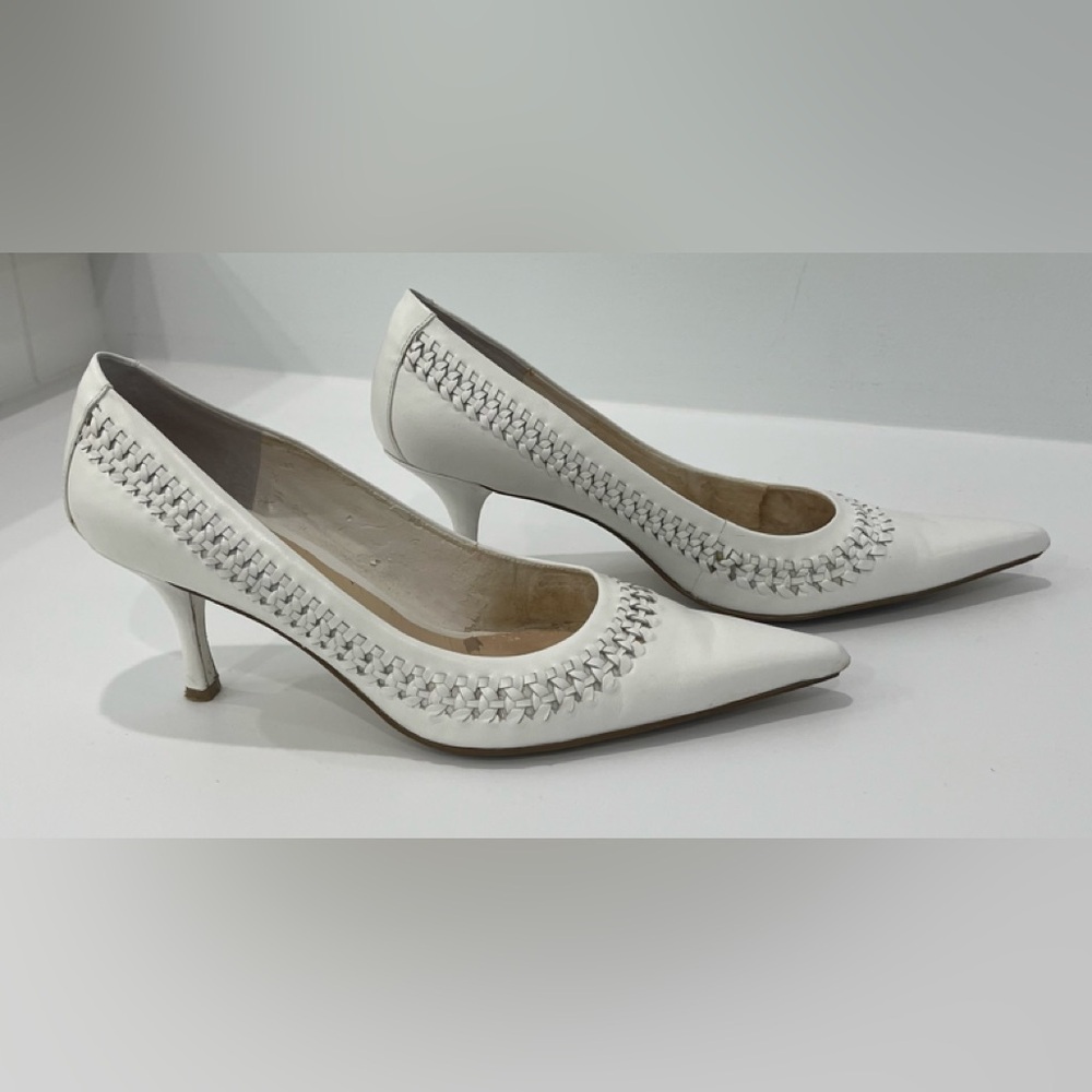 Nine West Nilesh White Leather Woven Pointed Toe Heels, Size 8 1/2
